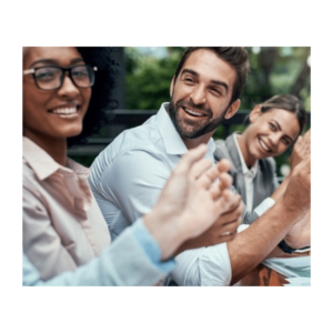 Workers meeting and smiling